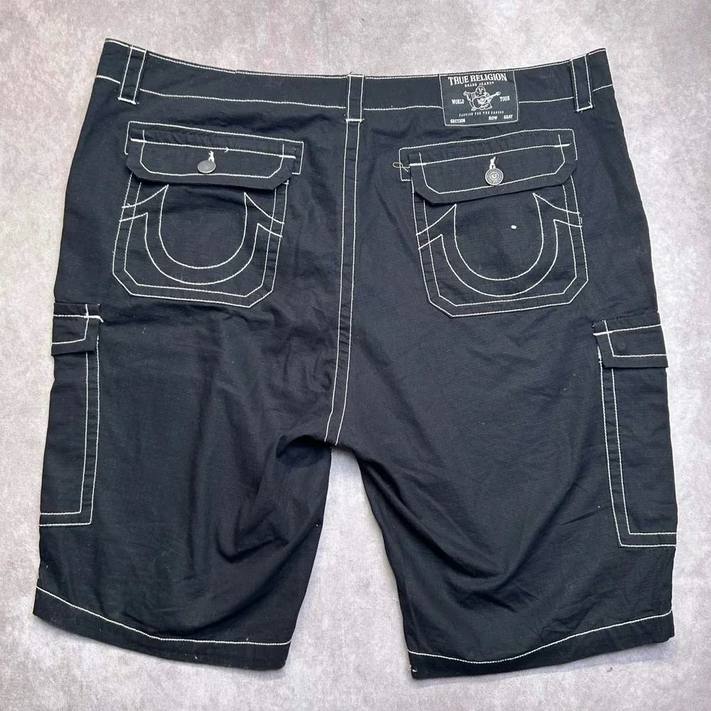 True Religion Mens Black Ripstop Cargo Shorts White Contrast Stitch Size 42